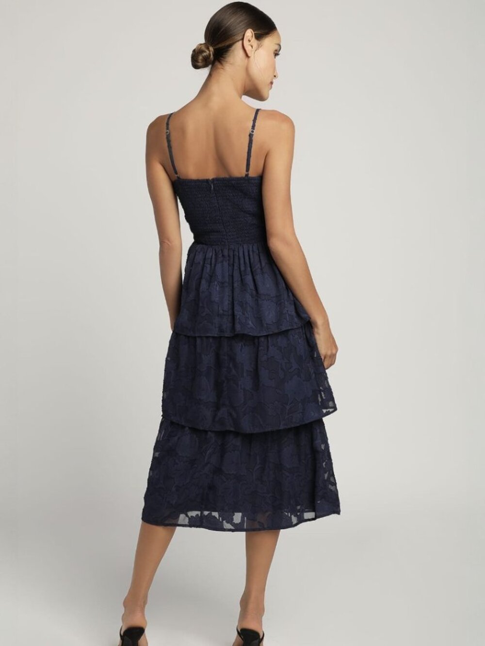 Lulus Grace and Beauty Navy Blue Burnout Floral Print Tiered Dress NWT - Picture 3 of 9